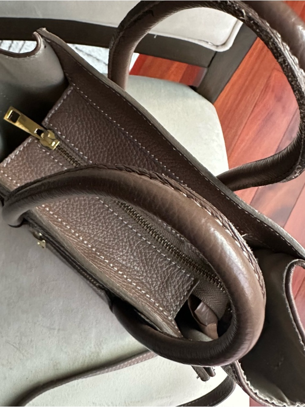 Genuine Leather Mini Satchel Taupe Brown | Crossbody Top Handle | Structured Bag - Picture 8 of 16
